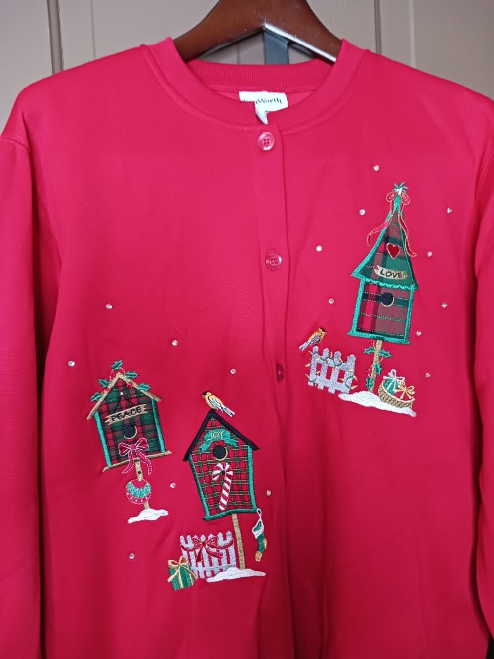 BonWorth Woman Red Cardigan Jacket Size S Holiday Embellished Birdhouse